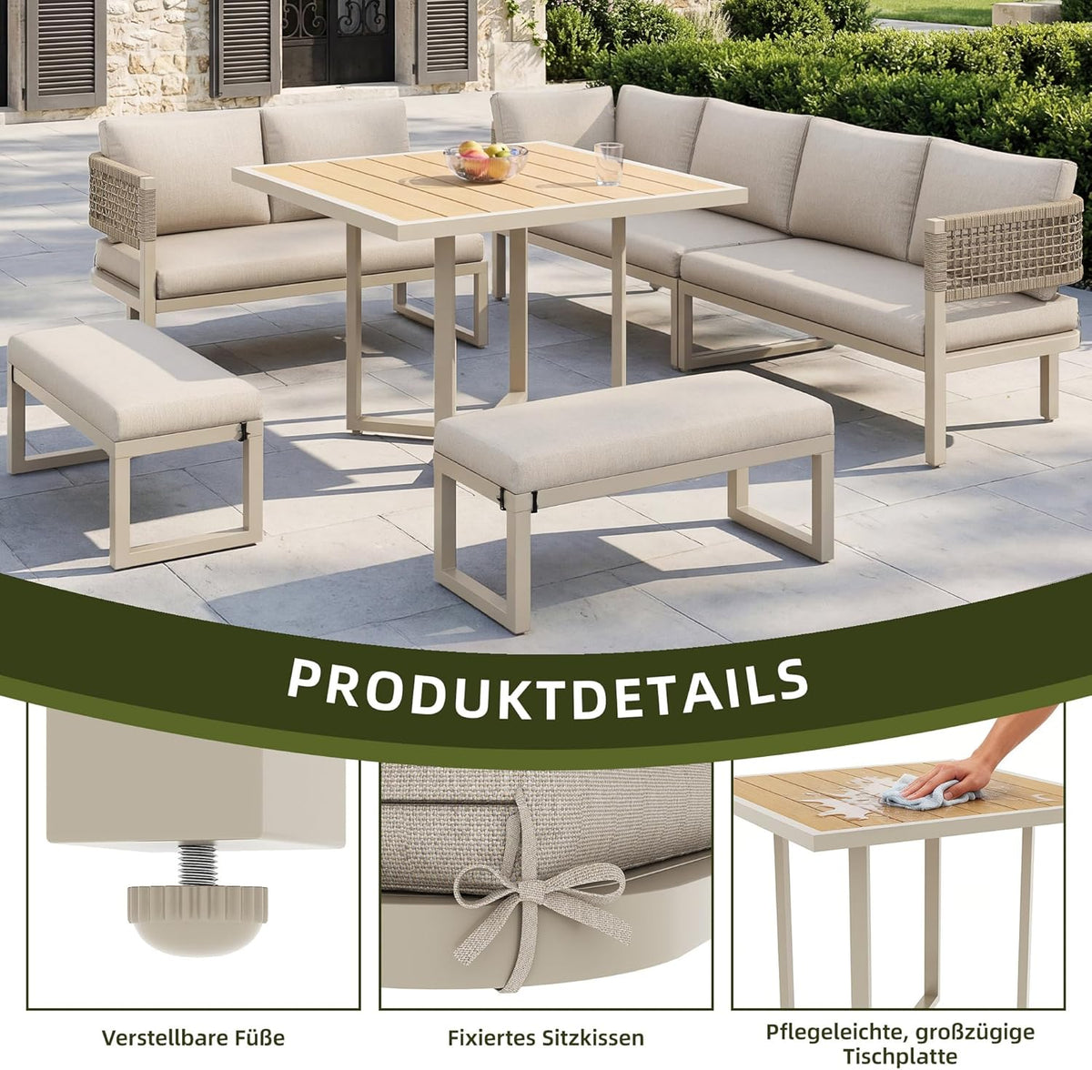 juego de muebles para 8-10 personas, sofá de jardín con mesa grande