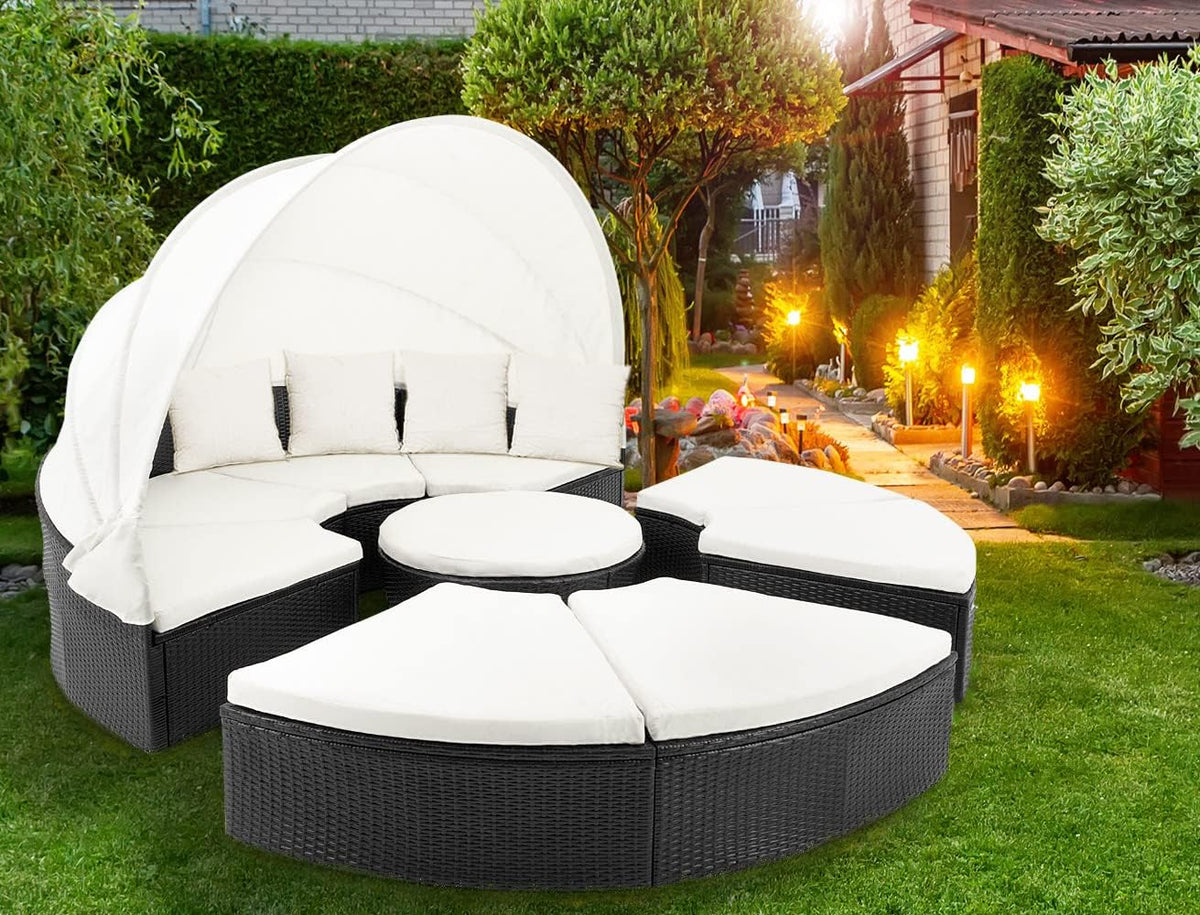 Cama Isla de Jardín, Tumbona Poliratán Negro y Zona de Asientos Mesa WPC Toldo Plegable