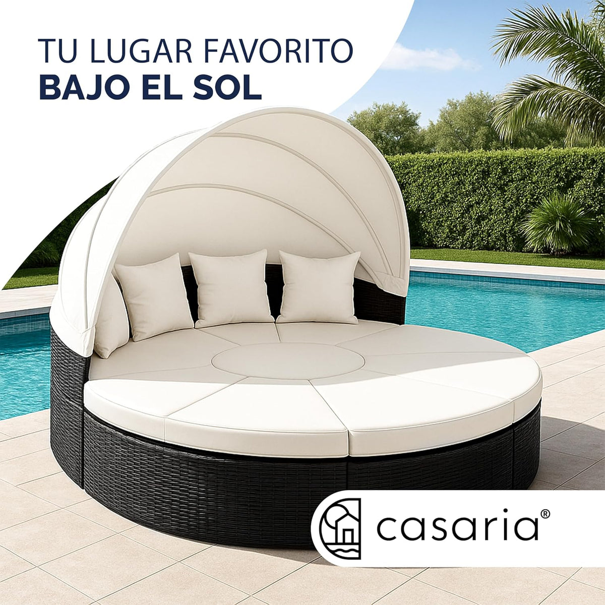 Cama Isla de Jardín, Tumbona Poliratán Negro y Zona de Asientos Mesa WPC Toldo Plegable