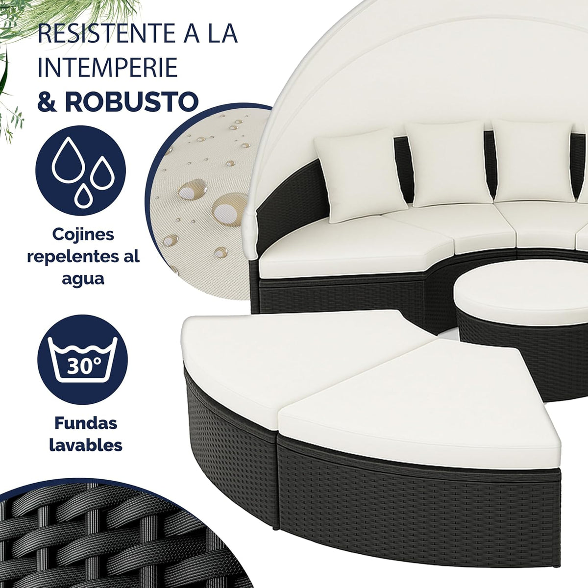 Cama Isla de Jardín, Tumbona Poliratán Negro y Zona de Asientos Mesa WPC Toldo Plegable